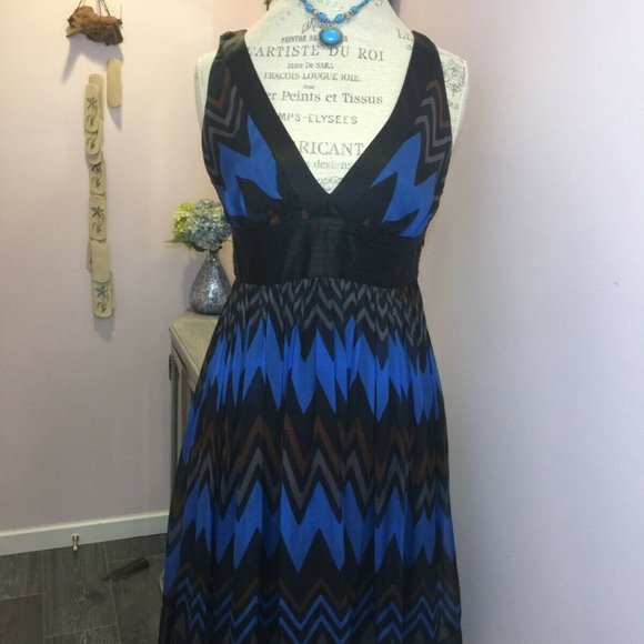 Size M Zara Blue Brown Zig Zag Chevron Silk Dress V Neck Sleeveless Summer Retro - Picture 2 of 10